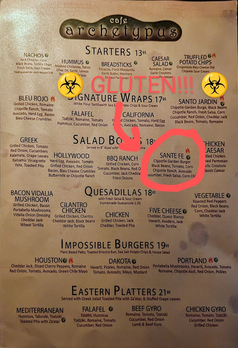 This is their menu as of 6/2023. DO NOT ORDER THE "SANTE FE" [sic] SALAD BOWL!!!