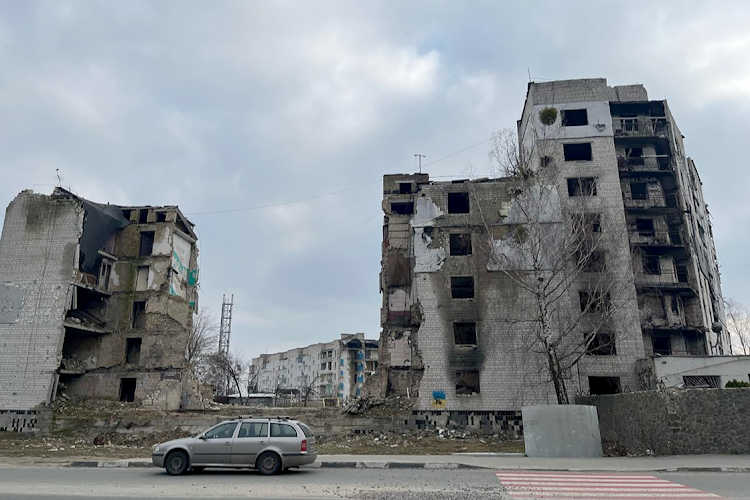 Buildings destroyed by Russia forces in Borodyanka, outside Kyiv.