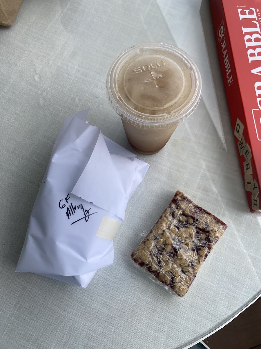 Individually wrapped gf baked goods and my sandwich clearly labeled gf. Also, great chai latte with almond milk!