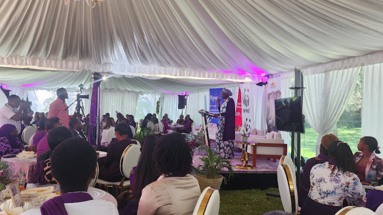 Former Cabinet Secretary, Ministry of Industrialization Betty Maina speaking to women during International Women's Day In Karen on March 8,2024.