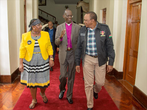 President Uhuru Kenyatta with the Ethics and Anti-corruption Commission Chairman, His Grace Rtd. Arch Bishop Dr. Eliud Wabukala and Vice-Chair Sophia Lepuchirit at State House, Nairobi Photo PSCU