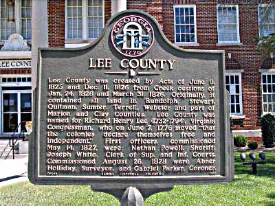 Lee County was created by Act of June 9, 1825 and Dec. 11, 1826 from Creek cessions of Jan. 24, 1826 and March 31, 1826. Originally, it contained all land in Randolph, Stewart, Quitman, Sumter,...