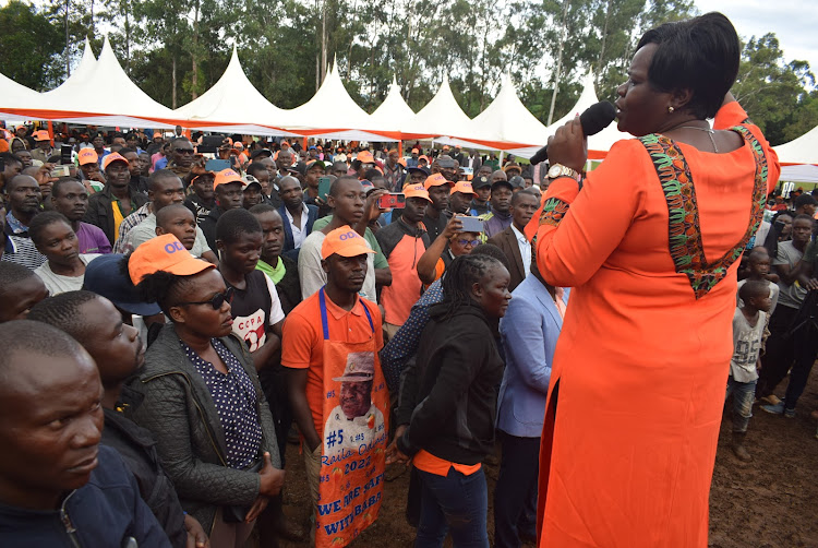 Homa Bay Governor Gladys Wanga speaks to ODM supporters during the party membership registration and moblisation at Agoro Sare primary in Oyugis , Kasipul constituency on May 3,2024