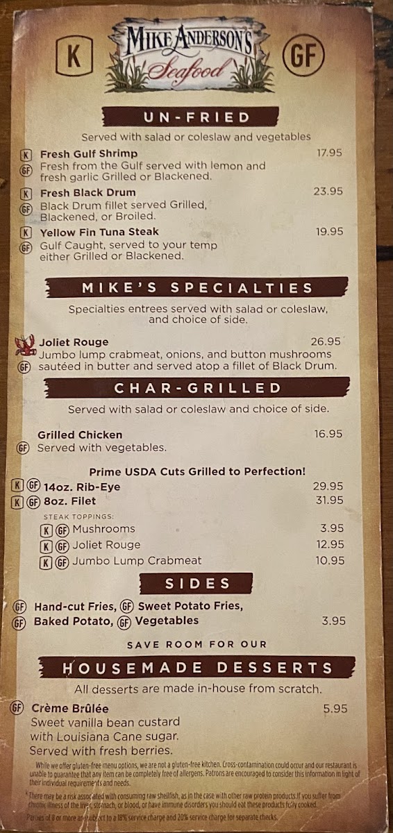 Mike Anderson's - Baton Rouge gluten-free menu