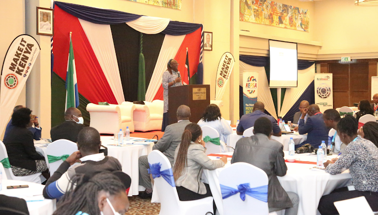 Industrialization, Trade and Entreprise CS Betty Maina speaks during the Kenya-Sierra Leone joint business forum in Nairobi, on May 31/KEPSA/TWITTER