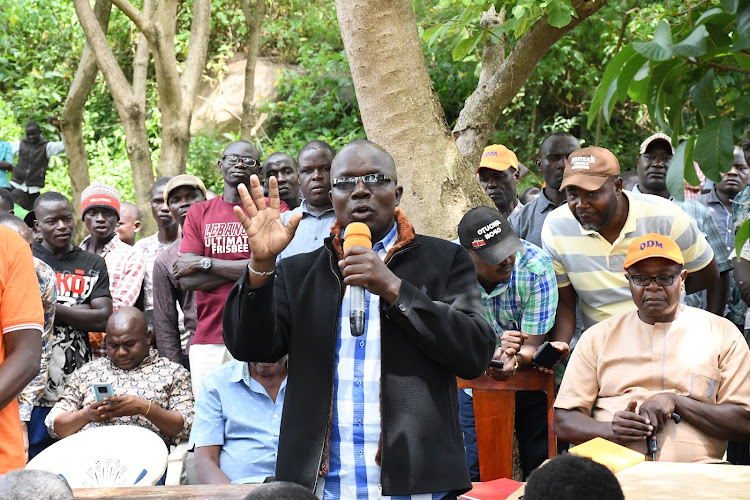 Joseph Eseme who won in Ang'urai North ward speaks when Busia gubernatorial contender Paul Otuoma toured the Kakapel Monument and Cultural Centre on July 14, 2022 during campaigns.