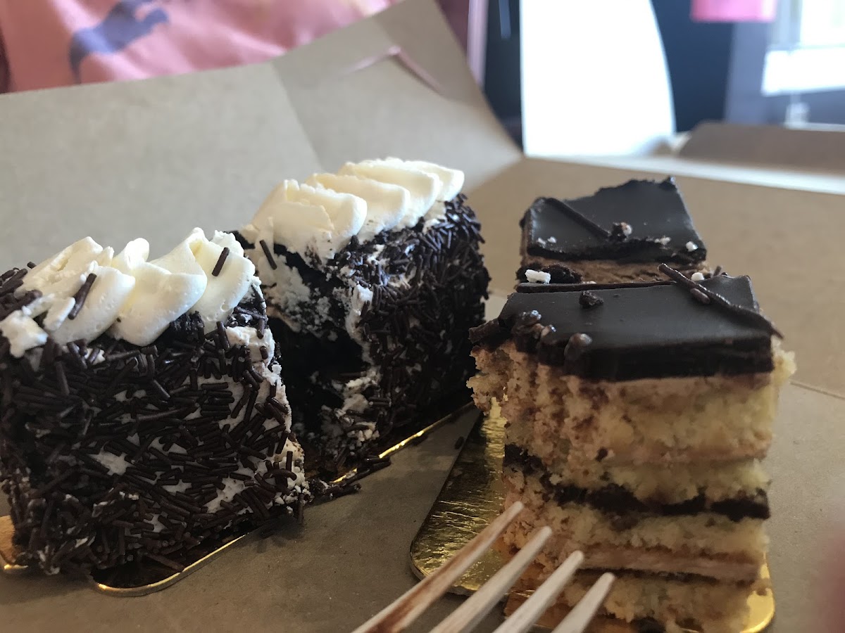 On the left is the Flourless chocolate cake. To the right is the Opera Cake. Both delicious but the flourless chocolate cake is a rare star!