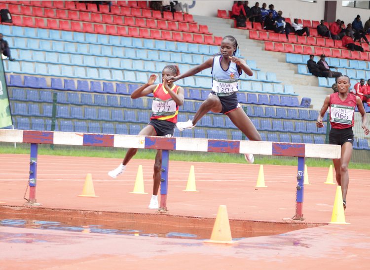 Leah Jeruto (1204) leads the women's 3,000m steeplechase during the KDF track and field Championships at Ulinzi Sports Complex on May 7, 2024