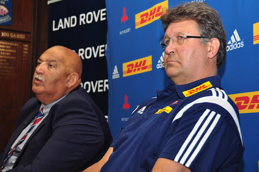 (L-R) Thelo Wakefield (WP Rugby Union president) and Gert Smal (WP Director of Rugby) talk to the media during the announcement on Eddie Jones departure from WP Rugby at DHL Newlands, Function Room on November 20, 2015 in Cape Town, South Africa. File photo