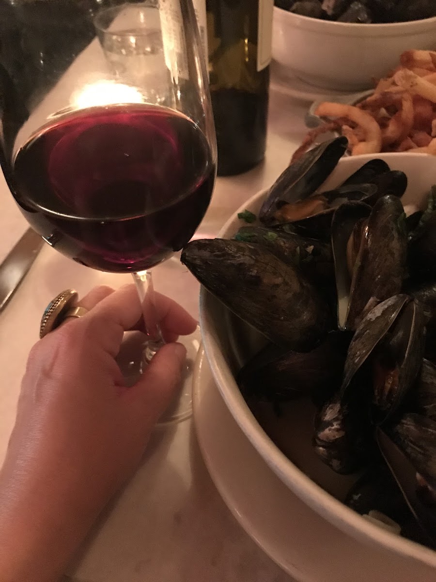 Steamed mussels and beautiful wine