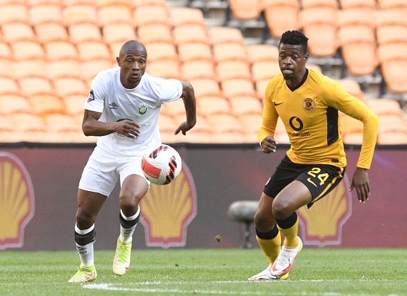 Phathutshedzo Nange of Kaizer Chiefs challenges Thabo Qalinge of AmaZulu in the DStv Premiership match at FNB Stadium in Johannesburg on November 24 2021.