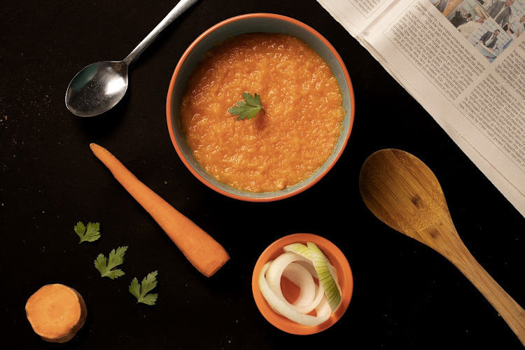 Sweet potato soup can be served as a starter or an accompaniment with garlic bread.