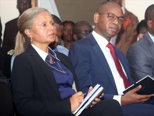 CBK deputy governor Sheila M'Mbijjewe with KCB chief executive Joshua Oigara during a press briefing April 20,2016 Photo/Enos Teche.