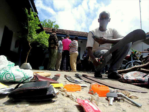 Machetes and drugs recovered in Mombasa during a past operation targeting the Wakali Kwanza criminal gang. /FILE