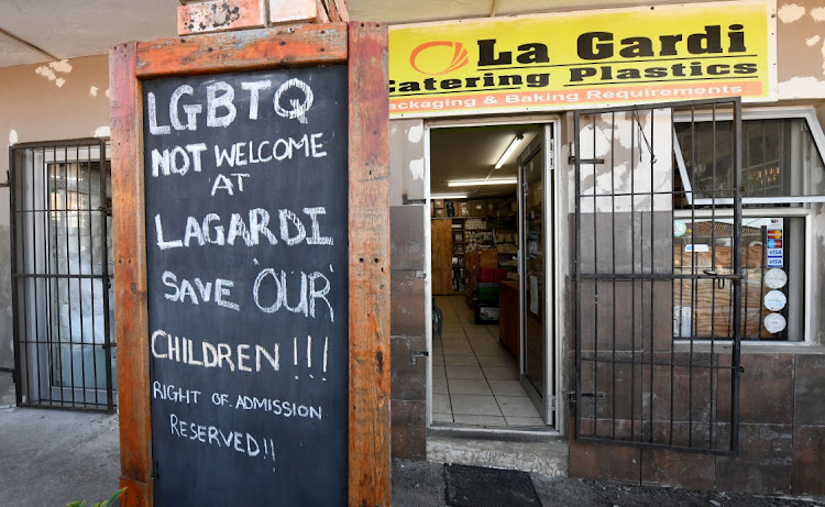 The notice displayed outside La Gardi Shop on July 12 2023 in Gqeberha. The SAHRC has referred the matter to the Equality Court.