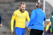 Mamelodi Sundowns coach Pitso Mosimane comforts Jeremy Brockie as the striker is substituted during the Caf Champions League match at home to Guinea outfit Horoya AC at Lucas Moripe Stadium on August 28, 2018 in Pretoria, South Africa. 

