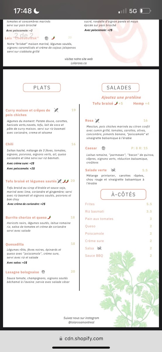 Lola Rosa Place-des-Arts gluten-free menu