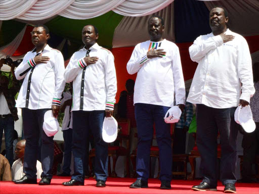 NASA principals Moses Wetang'ula (Ford Kenya), Kalonzo Musioka (Wiper), Raila Odinga (ODM) and Musalia Mudavadi (Amani National Congress) during a rally in Kakamega county, June 3, 2017. /CALISTUS LUCHETU