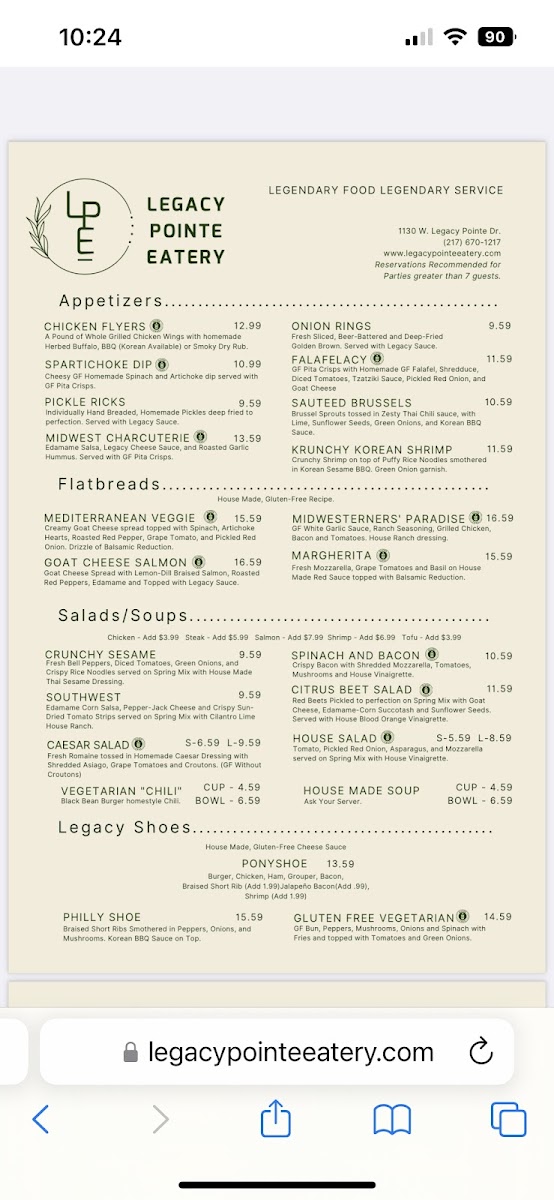 Legacy Pointe Eatery gluten-free menu