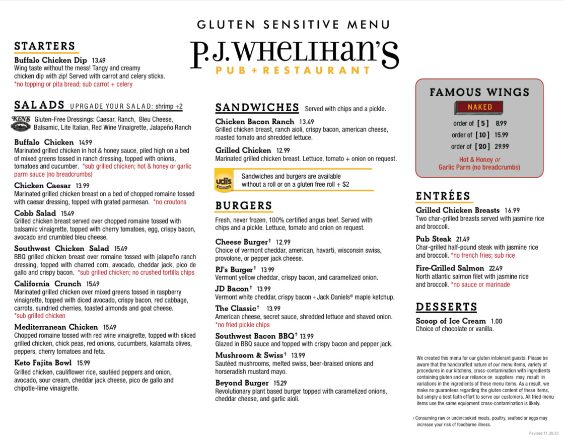 P.J. Whelihan’s Pub + Restaurant gluten-free menu