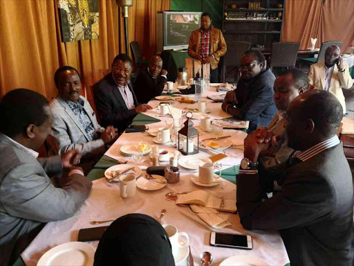 Nasa principals Musalia Mudavadi (ANC), Kalonzo Musyoka (Wiper) and Moses Wetang'ula (Ford Kenya), and other politicians, during their meeting in Karen, Nairobi, March 16, 2018. /COURTESY