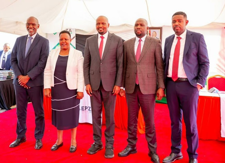EPZA Chairman Ben Oluoch Olunya, CS for Labour and Social Protection Florence Bore, CS for Investments, Trade and Industry Moses Kuria, CS for Roads, Transport, and Public work Kipchumba Murkomen and State Department for Investment PS Abubakar Hassan during the project inspection event in Athi River EPZ