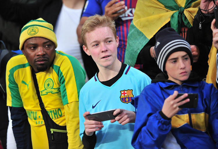 Mamelodi Sundowns and Barcelona fans mingle at FNB Stadium during the international friendly between the two teams at FNB Stadium on Wednesday May 16 2018.