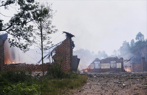 Ruins of a fireworks plant is seen on fire after an explosion in Liling, Hunan province. Picture Credit: Reuters