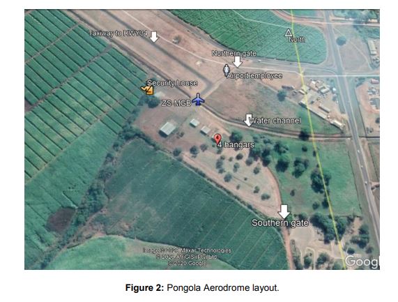 A map showing the Pongola Aerodrome, where a security guard died after walking into a spinning propellor.