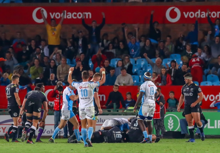 Lood de Jager of the Vodacom Bulls scores the final and decisive try of the game during the Super Rugby match between Vodacom Bulls and Cell C Sharks at Loftus Versfeld on May 12, 2018 in Pretoria, South Africa.