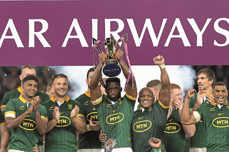 Winners: Springbok captain Siya Kolisi lifts the Qatar Airways Trophy after their victory over New Zealand at Twickenham. Picture: Gallo Images/Juan Jose Gasparini