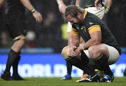 South Africa's prop Jannie du Plessis reacts after losing  a semi-final match of the 2015 Rugby World Cup between South Africa and New Zealand at Twickenham Stadium, southwest London