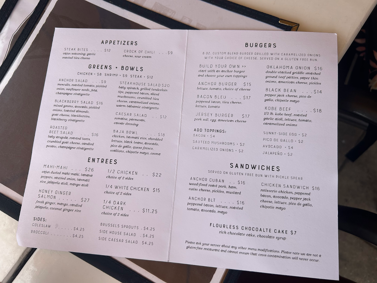 Anchor Tavern gluten-free menu