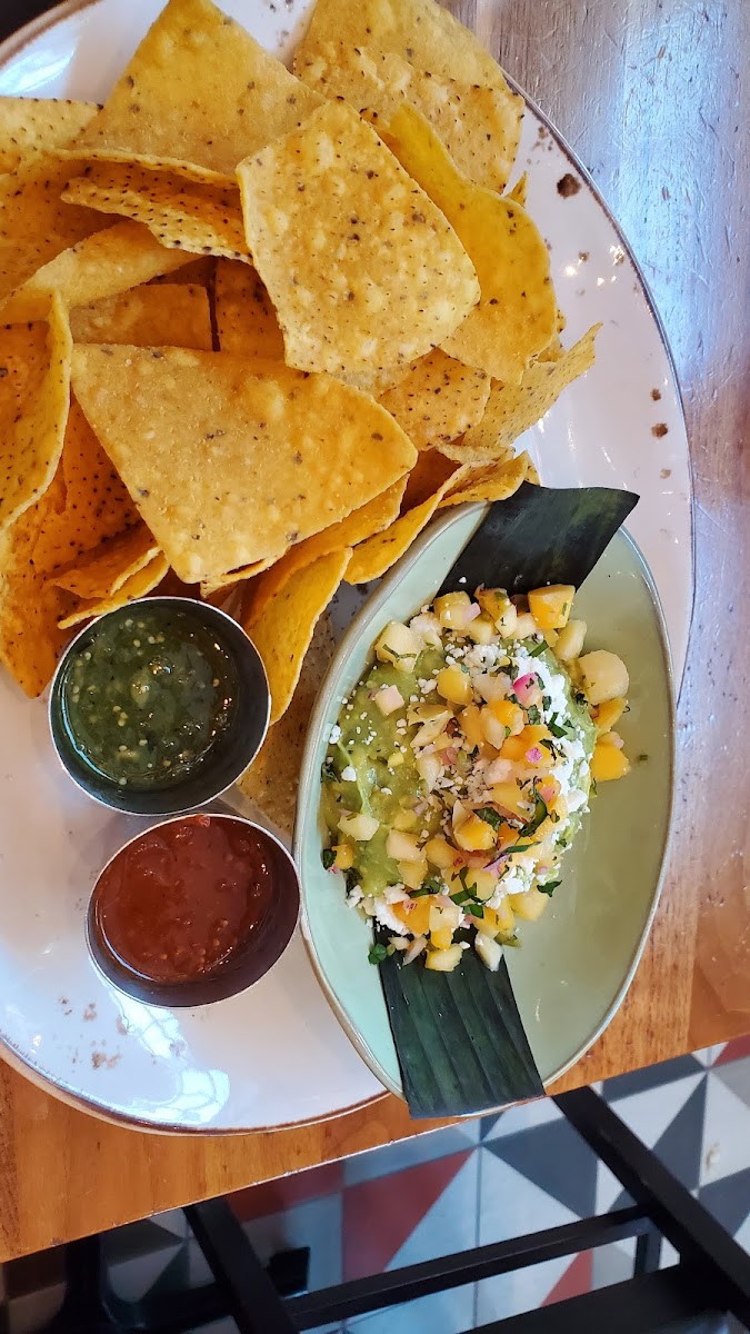 Mango and mint guacamole with chips and salsa - best guac ever!