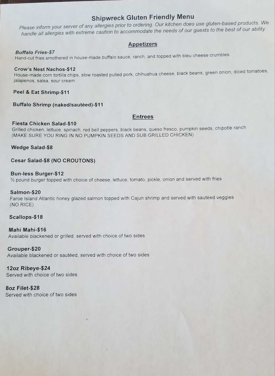 Shipwreck Bar & Grill gluten-free menu