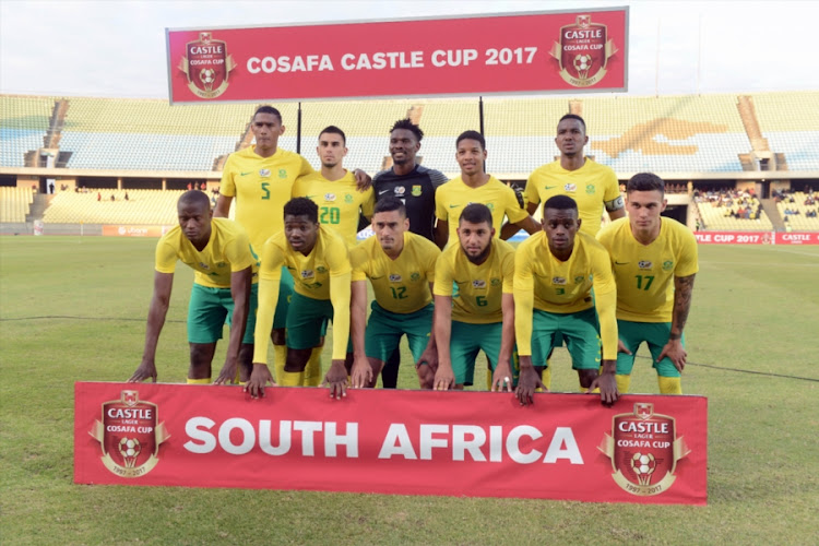 South Africa team during the COSAFA Cup quarter final match between Bafana Bafana and Tanzania at Royal Bafokeng Stadium on July 02, 2017 in Rustenburg, South Africa.