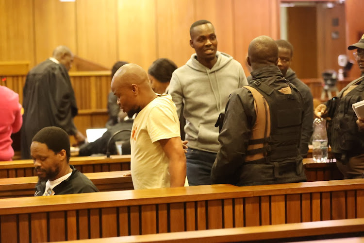 Some of five men accused of murdering Senzo Meyiwa during the trial in the North Gauteng High Court. File image