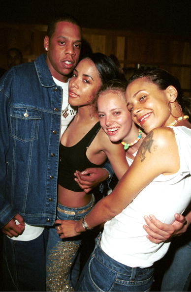 Jay-Z, Aaliyah, Bijou Phillips and Kidada Jones during Tommy Hilfiger Party at Bar North in Los Angeles, California, United States.