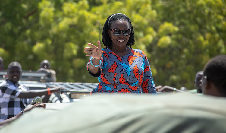Narc Kenya leader Martha Karua arrives in Lodwar for the Tobong'u Lore Turkana Cultural Festival on October 13, 2023.