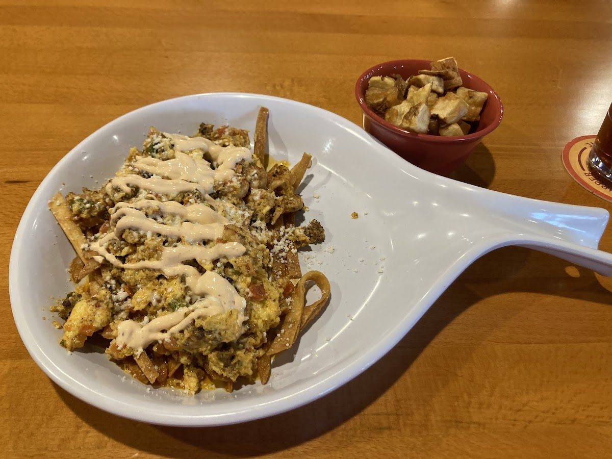 Migas with crawfish and breakfast potatoes