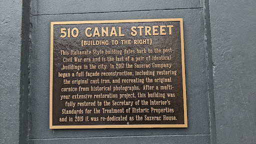 510 CANAL STREET   (BUILDING TO THE RIGHT)   This Italianate Style building dates back to the post- Civil War era and is the last of a pair of identical buildings in the city. In 2017 the Sazerac...