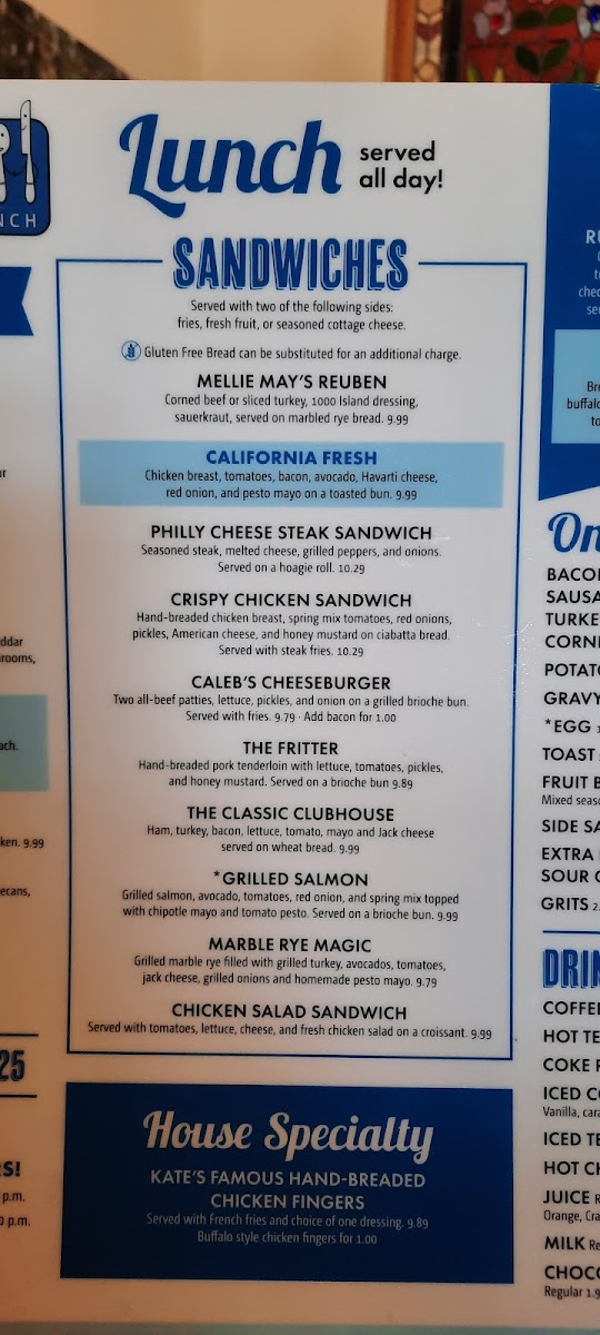 Caleb's Breakfast & Lunch gluten-free menu