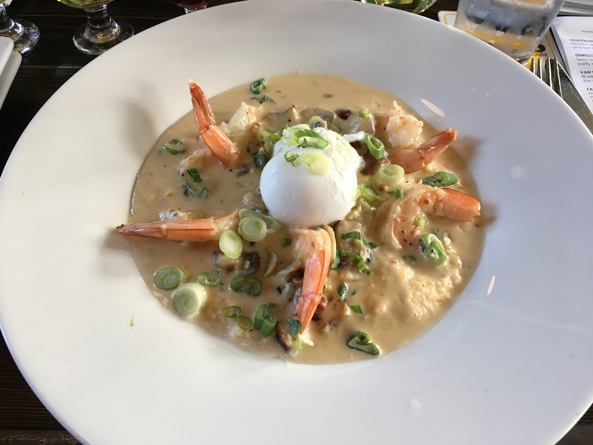 Shrimp and grits with poached egg from the brunch menu