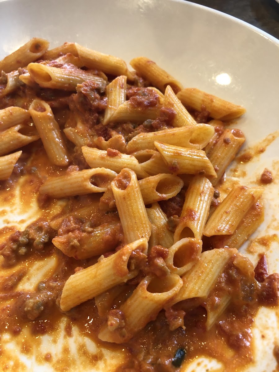 GF penne with sausage crumble and a creamy tomato sauce