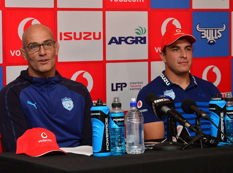 The Vodacom Blue Bulls New Zealand head coach John Mitchell and Burger Odendaal during the Super Rugby Bulls training session and press conference at Loftus Field, Pretoria on 19 April 2018.