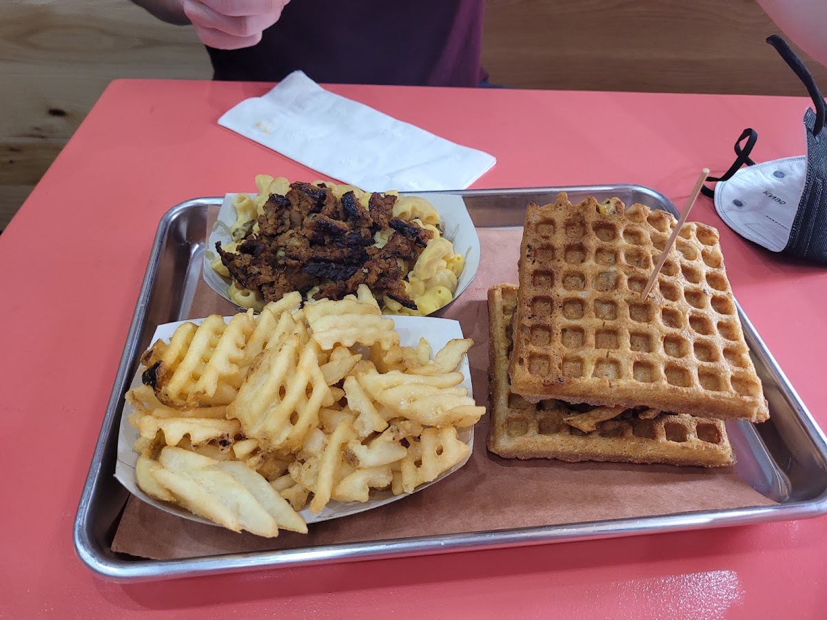 Mac, fries, and impossible burger on waffle