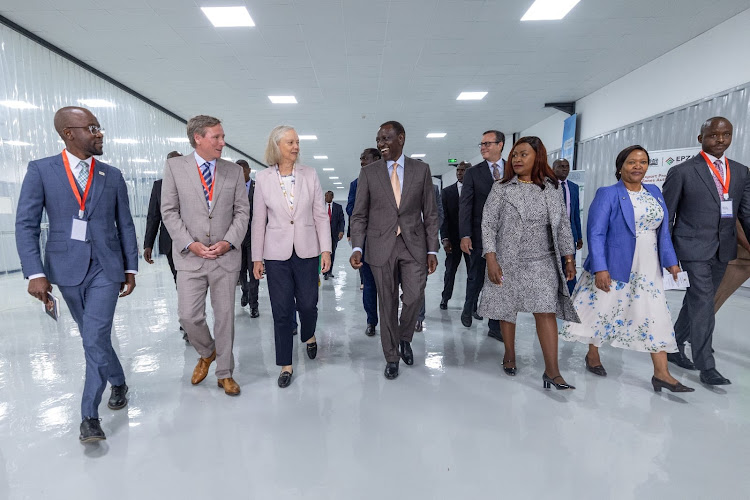 President William Ruto accompanied by US Ambassador to Kenya Meg Whitman and Machakos Governor Wavinya Ndeti and Trade Cabinet Secretary Rebecca Miano during the official opening of Nextgen Export Processing Zone in Mavoko, Machakos, on April 23, 2024.