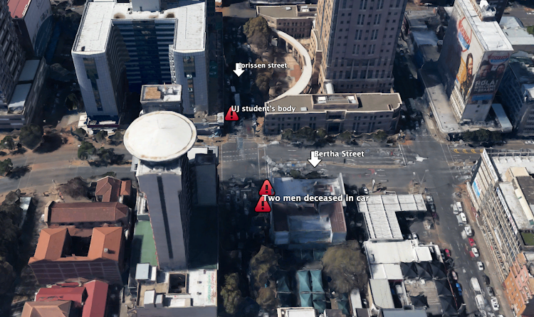 The location of the three dead men in Braamfontein after a drive-by shooting.
