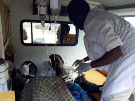two herders who were allegedly shot by KDF officers at Muwarak area of Laikipia being helped out of an ambulance at Samburu county referral hospital on 19th April 2017