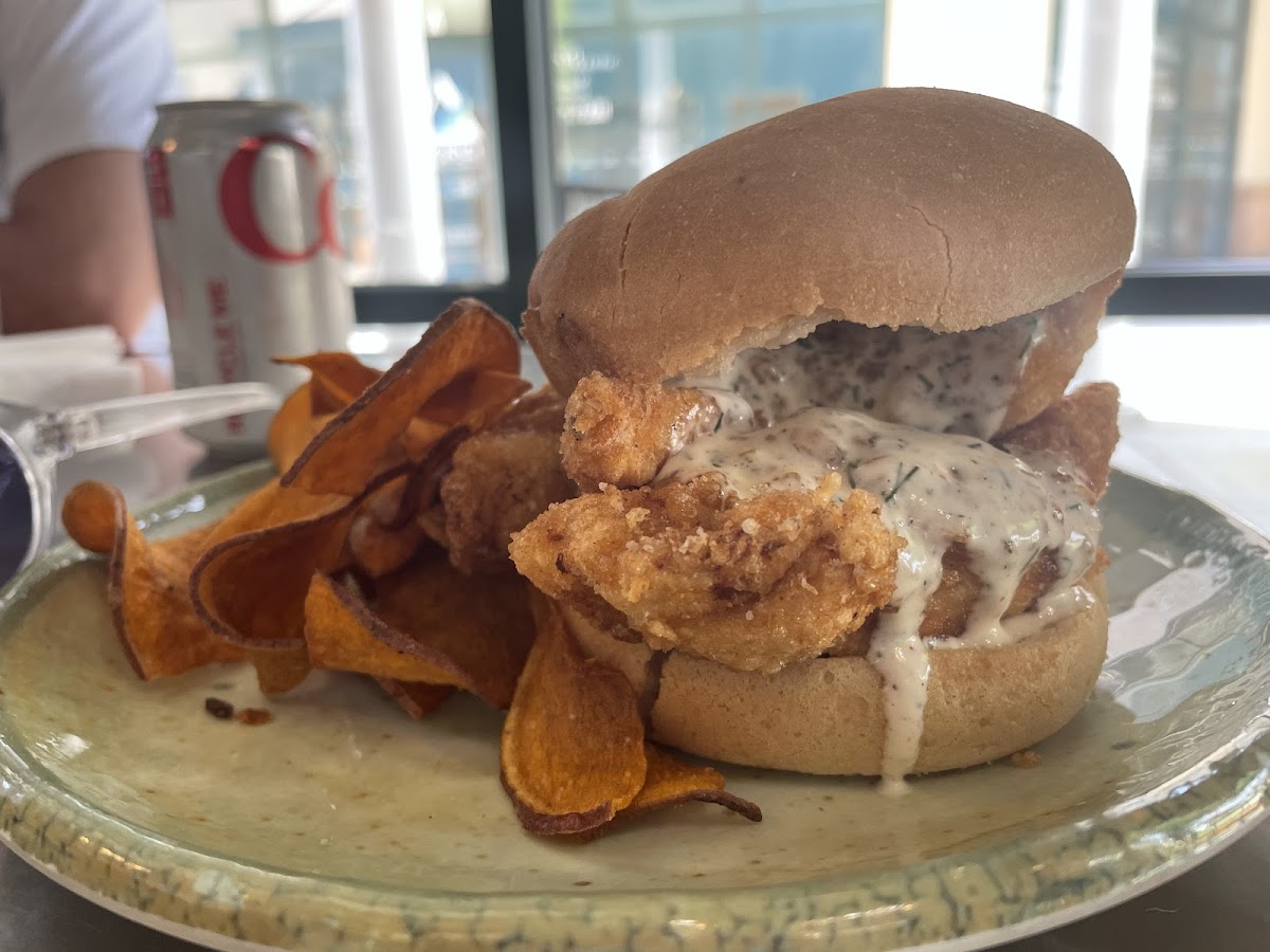 Crispy chicken sammy with housemade ranch.